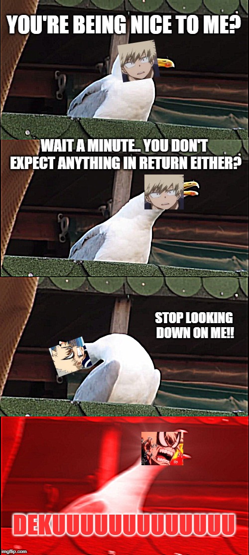 Inhaling Seagull Meme | YOU'RE BEING NICE TO ME? WAIT A MINUTE.. YOU DON'T EXPECT ANYTHING IN RETURN EITHER? STOP LOOKING DOWN ON ME!! DEKUUUUUUUUUUUUU | image tagged in memes,inhaling seagull,bakugou,my hero academia,boku no hero academia,mad | made w/ Imgflip meme maker