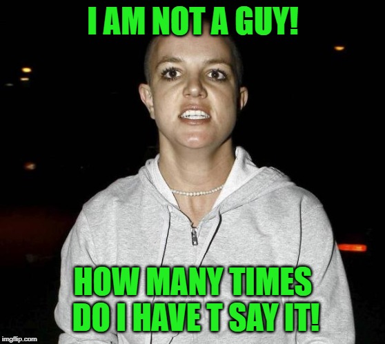 crazy bald britney spears | I AM NOT A GUY! HOW MANY TIMES DO I HAVE T SAY IT! | image tagged in crazy bald britney spears | made w/ Imgflip meme maker