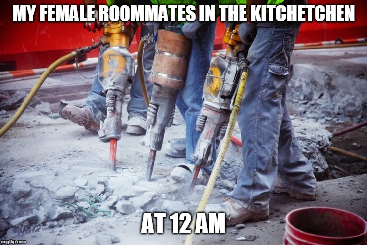 MY FEMALE ROOMMATES IN THE KITCHETCHEN; AT 12 AM | image tagged in roommates | made w/ Imgflip meme maker