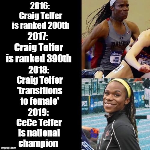 Women's sports need protection due to 'built in advantage' | 2016: Craig Telfer is ranked 200th; 2017: Craig Telfer is ranked 390th; 2018: Craig Telfer 'transitions to female'; 2019: CeCe Telfer is national champion | image tagged in women's rights,transgender,track and field,gender equality,difference between men and women,memes | made w/ Imgflip meme maker