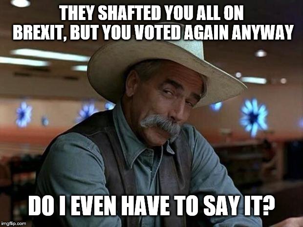 special kind of stupid |  THEY SHAFTED YOU ALL ON BREXIT, BUT YOU VOTED AGAIN ANYWAY; DO I EVEN HAVE TO SAY IT? | image tagged in special kind of stupid | made w/ Imgflip meme maker