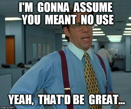That Would Be Great Meme | I'M  GONNA  ASSUME  YOU  MEANT  NO USE YEAH,  THAT'D BE  GREAT... | image tagged in memes,that would be great | made w/ Imgflip meme maker