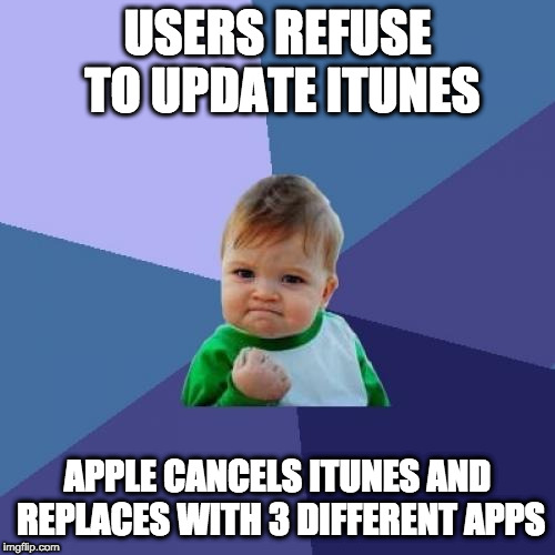 Success Kid Meme | USERS REFUSE TO UPDATE ITUNES; APPLE CANCELS ITUNES AND REPLACES WITH 3 DIFFERENT APPS | image tagged in memes,success kid | made w/ Imgflip meme maker