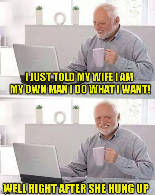And then I took the trash out like she told me | I JUST TOLD MY WIFE I AM MY OWN MAN I DO WHAT I WANT! WELL RIGHT AFTER SHE HUNG UP | image tagged in memes,hide the pain harold | made w/ Imgflip meme maker