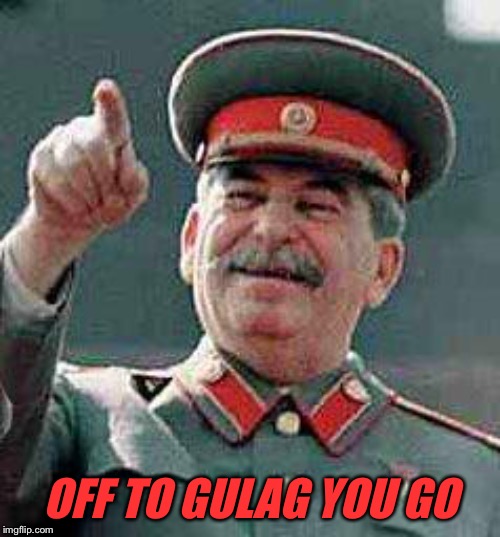 Stalin says | OFF TO GULAG YOU GO | image tagged in stalin says | made w/ Imgflip meme maker