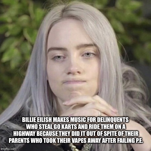 Billie Eilish Thinking | BILLIE EILISH MAKES MUSIC FOR DELINQUENTS WHO STEAL GO KARTS AND RIDE THEM ON A HIGHWAY BECAUSE THEY DID IT OUT OF SPITE OF THEIR PARENTS WHO TOOK THEIR VAPES AWAY AFTER FAILING P.E. | image tagged in billie eilish thinking | made w/ Imgflip meme maker