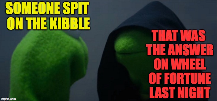 Evil Kermit Meme | SOMEONE SPIT ON THE KIBBLE THAT WAS THE ANSWER ON WHEEL OF FORTUNE LAST NIGHT | image tagged in memes,evil kermit | made w/ Imgflip meme maker