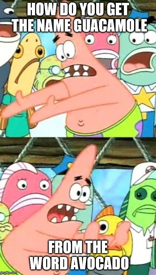 Put It Somewhere Else Patrick | HOW DO YOU GET THE NAME GUACAMOLE; FROM THE WORD AVOCADO | image tagged in memes,put it somewhere else patrick | made w/ Imgflip meme maker