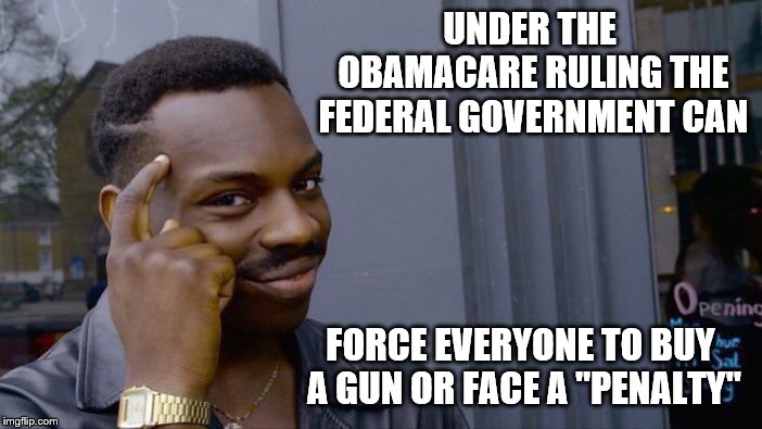 These decisions cut both ways. | UNDER THE OBAMACARE RULING THE FEDERAL GOVERNMENT CAN; FORCE EVERYONE TO BUY A GUN OR FACE A "PENALTY" | image tagged in memes,roll safe think about it,politics,gun control,liberal hypocrisy,obamacare | made w/ Imgflip meme maker