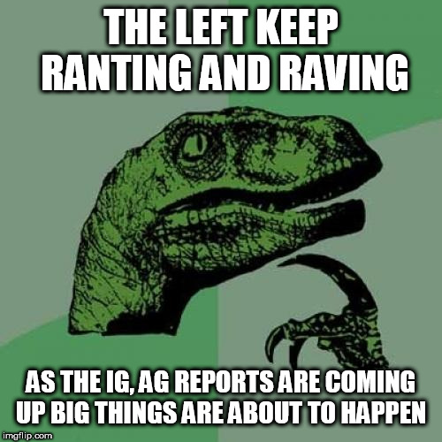 Philosoraptor | THE LEFT KEEP RANTING AND RAVING; AS THE IG, AG REPORTS ARE COMING UP BIG THINGS ARE ABOUT TO HAPPEN | image tagged in memes,philosoraptor | made w/ Imgflip meme maker
