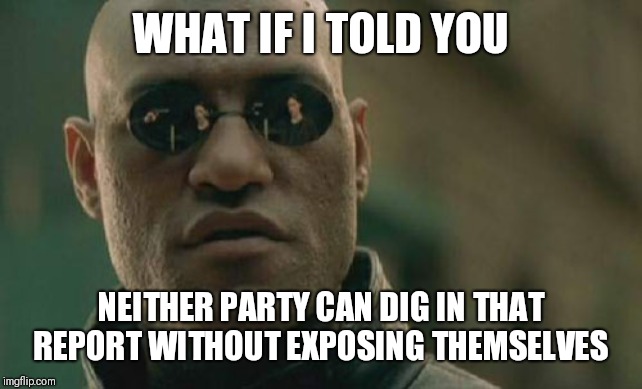 Matrix Morpheus Meme | WHAT IF I TOLD YOU; NEITHER PARTY CAN DIG IN THAT REPORT WITHOUT EXPOSING THEMSELVES | image tagged in memes,matrix morpheus | made w/ Imgflip meme maker