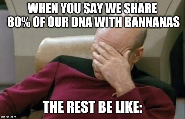 Captain Picard Facepalm | WHEN YOU SAY WE SHARE 80% OF OUR DNA WITH BANNANAS; THE REST BE LIKE: | image tagged in memes,captain picard facepalm | made w/ Imgflip meme maker