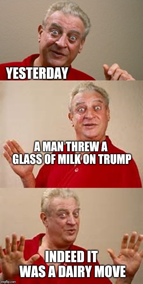 bad pun Dangerfield  | YESTERDAY; A MAN THREW A GLASS OF MILK ON TRUMP; INDEED IT WAS A DAIRY MOVE | image tagged in bad pun dangerfield | made w/ Imgflip meme maker