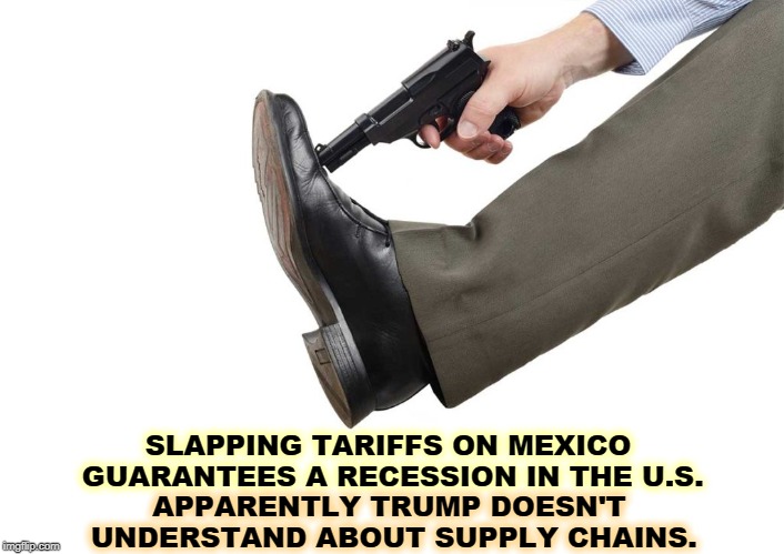 I mean, he does want to get re-elected, doesn't he? | SLAPPING TARIFFS ON MEXICO GUARANTEES A RECESSION IN THE U.S. APPARENTLY TRUMP DOESN'T UNDERSTAND ABOUT SUPPLY CHAINS. | image tagged in trump,trade war,tariffs,mexico,recession,election 2020 | made w/ Imgflip meme maker
