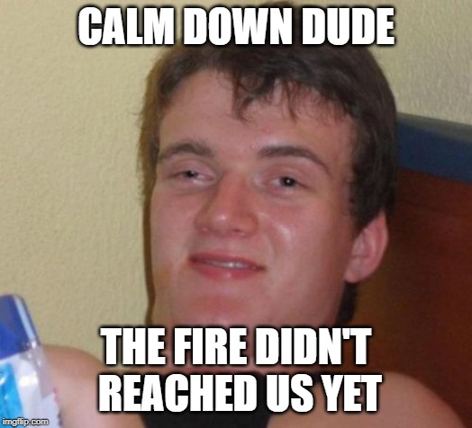 10 Guy Meme | CALM DOWN DUDE; THE FIRE DIDN'T REACHED US YET | image tagged in memes,10 guy | made w/ Imgflip meme maker