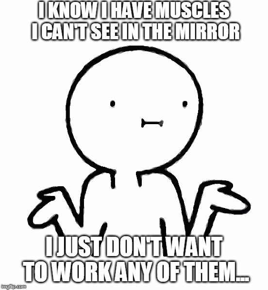i dont know mirror | I KNOW I HAVE MUSCLES I CAN'T SEE IN THE MIRROR; I JUST DON'T WANT TO WORK ANY OF THEM... | image tagged in i dont know mirror | made w/ Imgflip meme maker