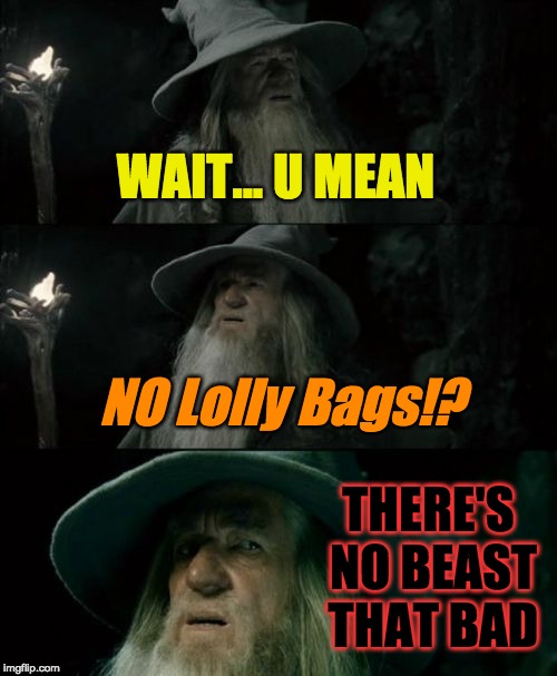 At the end of a party | WAIT... U MEAN; NO Lolly Bags!? THERE'S NO BEAST THAT BAD | image tagged in memes,confused gandalf,party | made w/ Imgflip meme maker