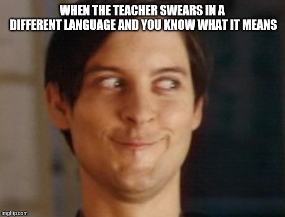 Spiderman Peter Parker Meme | WHEN THE TEACHER SWEARS IN A DIFFERENT LANGUAGE AND YOU KNOW WHAT IT MEANS | image tagged in memes,spiderman peter parker | made w/ Imgflip meme maker