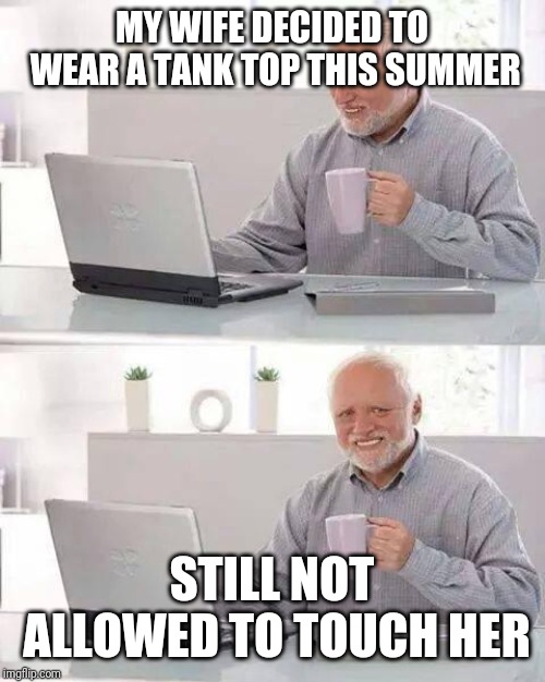 Hide the Pain Harold | MY WIFE DECIDED TO WEAR A TANK TOP THIS SUMMER; STILL NOT ALLOWED TO TOUCH HER | image tagged in memes,hide the pain harold | made w/ Imgflip meme maker