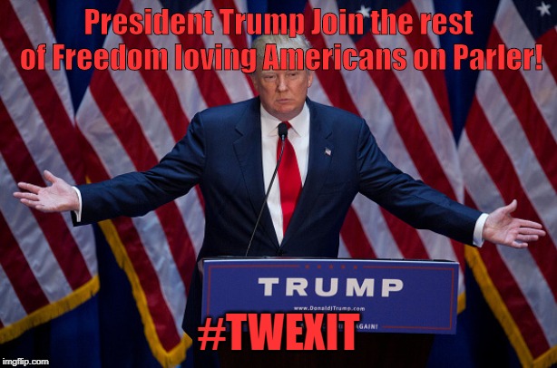 #twexit #Parler Embrace the FREEDOM! | President Trump Join the rest of Freedom loving Americans on Parler! #TWEXIT | image tagged in donald trump,free speech,twitter | made w/ Imgflip meme maker