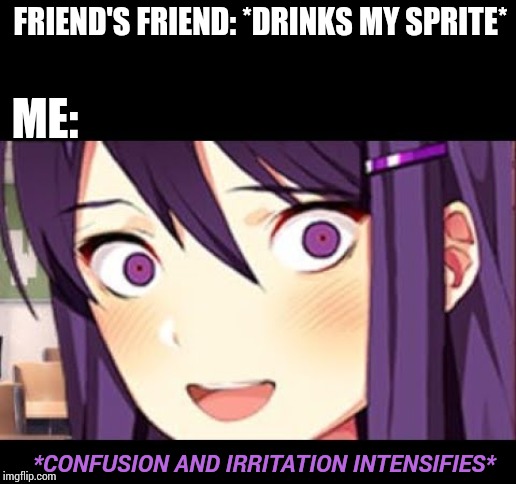True story. This actually happened to me | FRIEND'S FRIEND: *DRINKS MY SPRITE*; ME:; *CONFUSION AND IRRITATION INTENSIFIES* | image tagged in yuri,true story | made w/ Imgflip meme maker