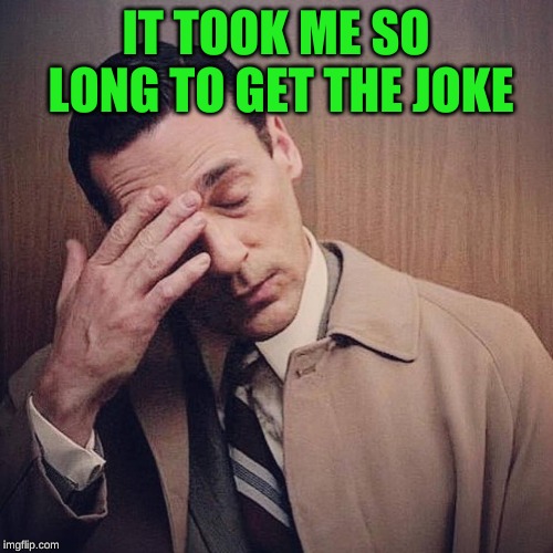 Don Draper Facepalm | IT TOOK ME SO LONG TO GET THE JOKE | image tagged in don draper facepalm | made w/ Imgflip meme maker