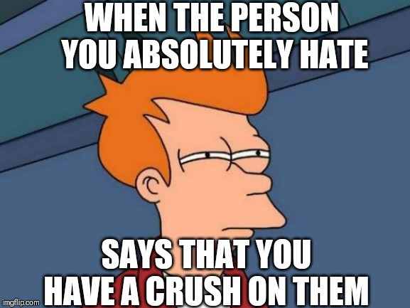 Futurama Fry Meme | WHEN THE PERSON YOU ABSOLUTELY HATE; SAYS THAT YOU HAVE A CRUSH ON THEM | image tagged in memes,futurama fry | made w/ Imgflip meme maker