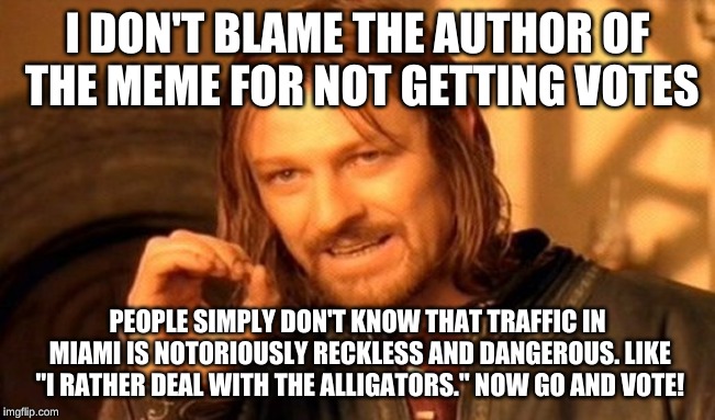 One Does Not Simply Meme | I DON'T BLAME THE AUTHOR OF THE MEME FOR NOT GETTING VOTES PEOPLE SIMPLY DON'T KNOW THAT TRAFFIC IN MIAMI IS NOTORIOUSLY RECKLESS AND DANGER | image tagged in memes,one does not simply | made w/ Imgflip meme maker