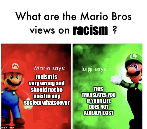 Mario Bros. Views | racism racism is very wrong and should not be used in any society whatsoever THIS TRANSLATES YOU IF YOUR LIFE DOES NOT ALREADY EXIST | image tagged in mario bros views | made w/ Imgflip meme maker