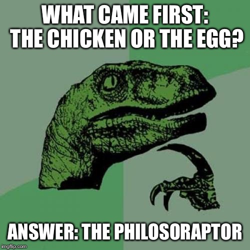 Philosoraptor Meme | WHAT CAME FIRST: THE CHICKEN OR THE EGG? ANSWER: THE PHILOSORAPTOR | image tagged in memes,philosoraptor | made w/ Imgflip meme maker