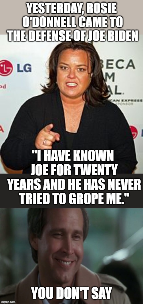 YESTERDAY, ROSIE O'DONNELL CAME TO THE DEFENSE OF JOE BIDEN; "I HAVE KNOWN JOE FOR TWENTY YEARS AND HE HAS NEVER TRIED TO GROPE ME."; YOU DON'T SAY | image tagged in no shit,rosie o'donnell pointing | made w/ Imgflip meme maker