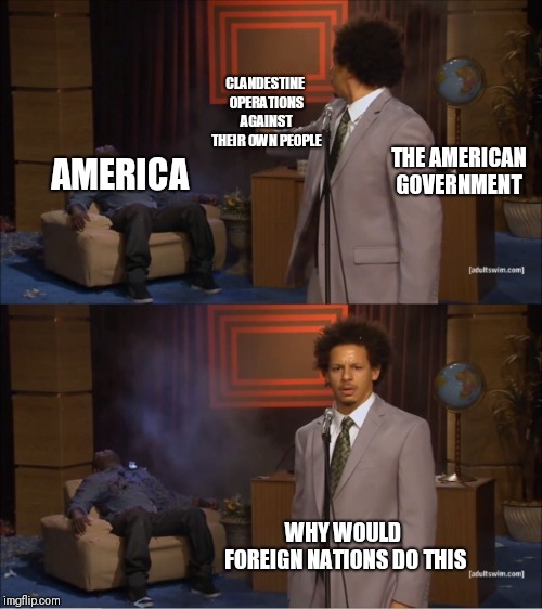 Who Killed Hannibal | CLANDESTINE OPERATIONS AGAINST THEIR OWN PEOPLE; AMERICA; THE AMERICAN GOVERNMENT; WHY WOULD FOREIGN NATIONS DO THIS | image tagged in memes,who killed hannibal | made w/ Imgflip meme maker