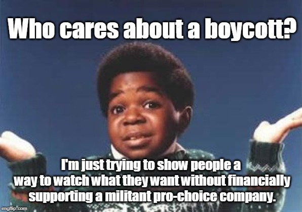 who cares | Who cares about a boycott? I'm just trying to show people a way to watch what they want without financially supporting a militant pro-choice | image tagged in who cares | made w/ Imgflip meme maker