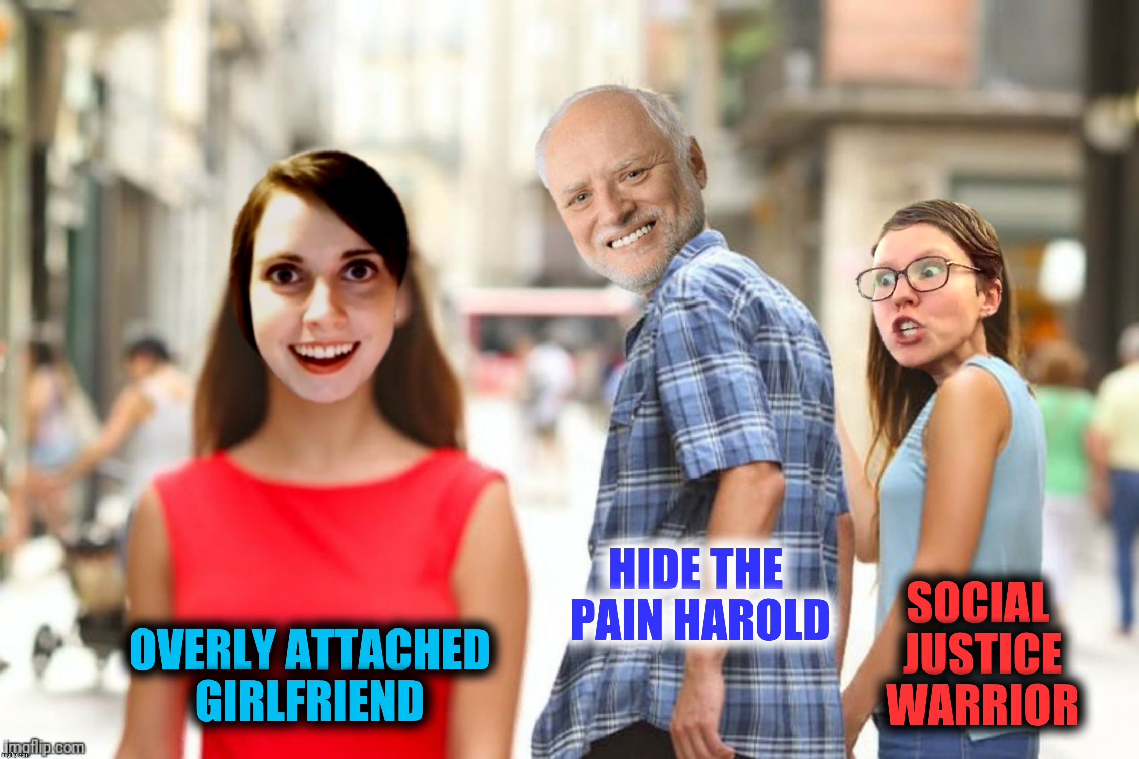 Bad Photoshop Sunday presents:  Hide The Pain Social Justice Warrior Part II | HIDE THE PAIN HAROLD; OVERLY ATTACHED GIRLFRIEND; SOCIAL JUSTICE WARRIOR | image tagged in bad photoshop sunday,distracted boyfriend,hide the pain harold,social justice warrior,overly attached girlfriend | made w/ Imgflip meme maker