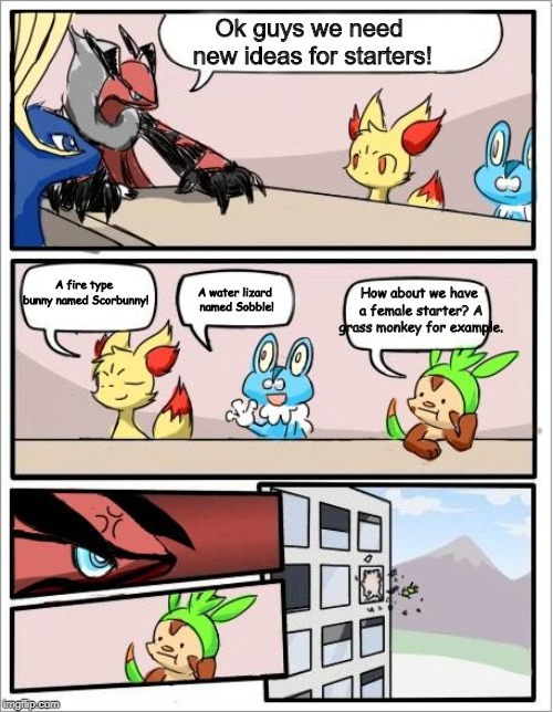 Pokemon board meeting | Ok guys we need new ideas for starters! How about we have a female starter? A grass monkey for example. A fire type bunny named Scorbunny! A water lizard named Sobble! | image tagged in pokemon board meeting | made w/ Imgflip meme maker