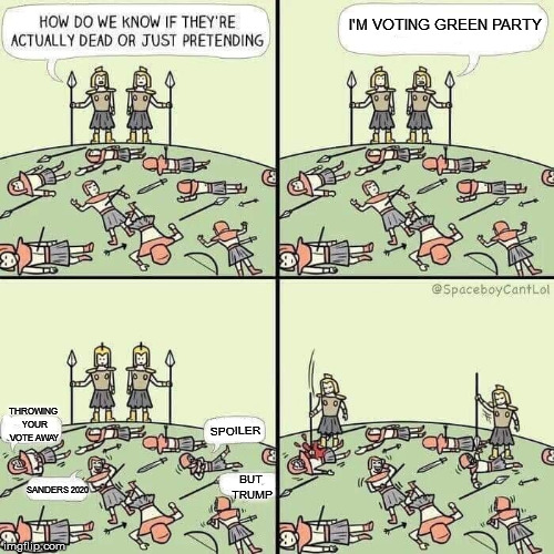 I'M VOTING GREEN PARTY; THROWING YOUR VOTE AWAY; SPOILER; BUT TRUMP; SANDERS 2020 | image tagged in green party | made w/ Imgflip meme maker