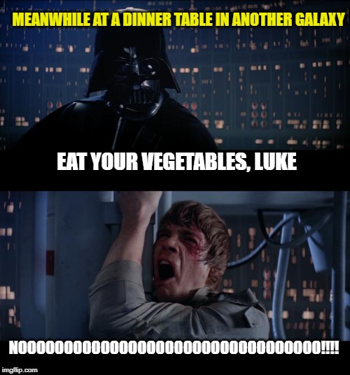 Star Wars No Meme | MEANWHILE AT A DINNER TABLE IN ANOTHER GALAXY; EAT YOUR VEGETABLES, LUKE; NOOOOOOOOOOOOOOOOOOOOOOOOOOOOOOOOO!!!! | image tagged in memes,star wars no,father and son,dinner,vegetables,kids | made w/ Imgflip meme maker