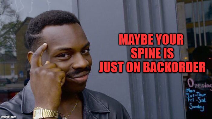 Roll Safe Think About It Meme | MAYBE YOUR SPINE IS JUST ON BACKORDER | image tagged in memes,roll safe think about it | made w/ Imgflip meme maker