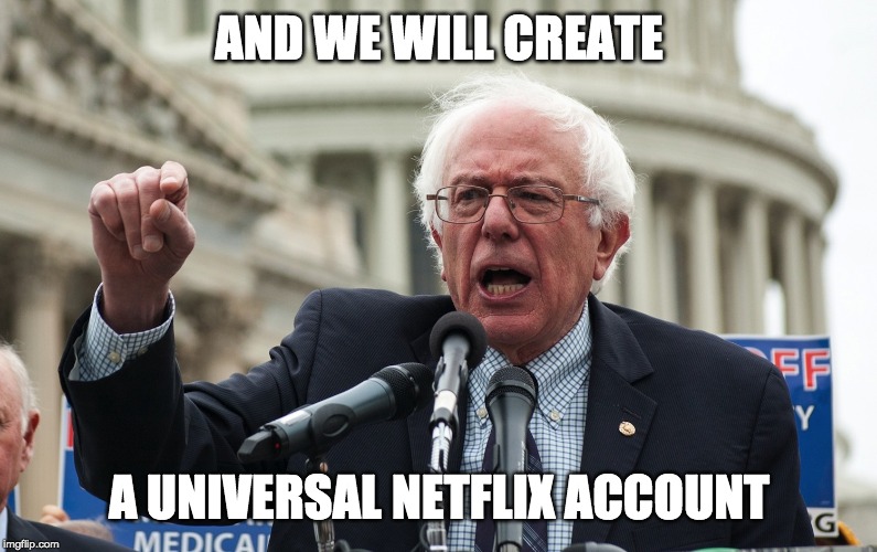 Bernie Sanders | AND WE WILL CREATE; A UNIVERSAL NETFLIX ACCOUNT | image tagged in bernie sanders | made w/ Imgflip meme maker