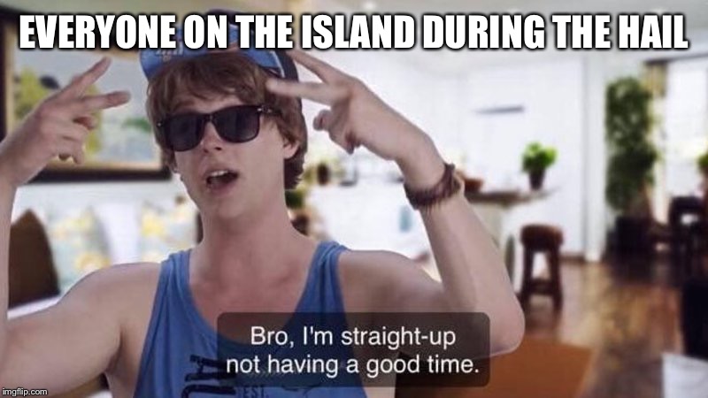 bro, I'm straight-up not having a good time. | EVERYONE ON THE ISLAND DURING THE HAIL | image tagged in bro i'm straight-up not having a good time | made w/ Imgflip meme maker