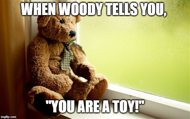 Sad Teddy | WHEN WOODY TELLS YOU, "YOU ARE A TOY!" | image tagged in toy story | made w/ Imgflip meme maker
