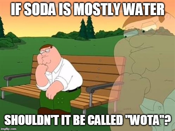 pensive reflecting thoughtful peter griffin | IF SODA IS MOSTLY WATER; SHOULDN'T IT BE CALLED "WOTA"? | image tagged in pensive reflecting thoughtful peter griffin | made w/ Imgflip meme maker