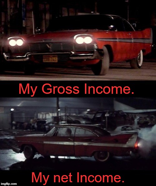 Yrue Story | My Gross Income. My net Income. | image tagged in christine,taxation is theft,memes | made w/ Imgflip meme maker