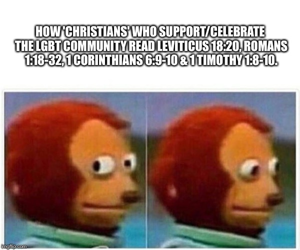 Monkey Puppet Meme | HOW 'CHRISTIANS' WHO SUPPORT/CELEBRATE THE LGBT COMMUNITY READ LEVITICUS 18:20, ROMANS 1:18-32, 1 CORINTHIANS 6:9-10 & 1 TIMOTHY 1:8-10. | image tagged in monkey puppet | made w/ Imgflip meme maker