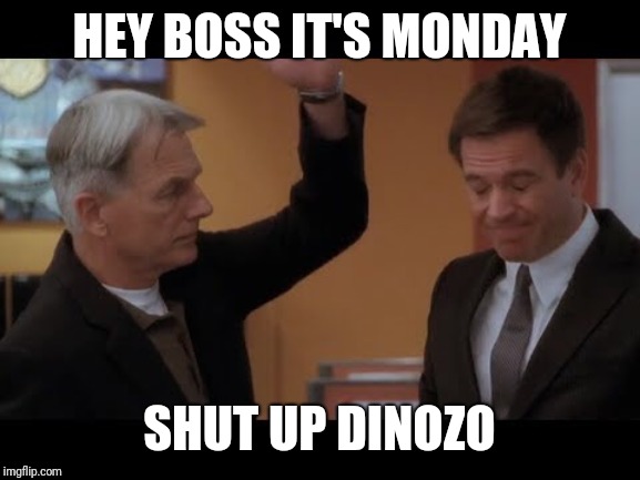Gibbs slaps dinozo | HEY BOSS IT'S MONDAY; SHUT UP DINOZO | image tagged in gibbs slaps dinozo | made w/ Imgflip meme maker