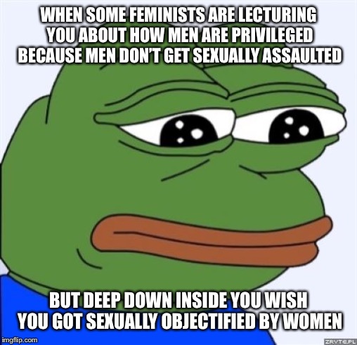 sad frog | WHEN SOME FEMINISTS ARE LECTURING YOU ABOUT HOW MEN ARE PRIVILEGED BECAUSE MEN DON’T GET SEXUALLY ASSAULTED; BUT DEEP DOWN INSIDE YOU WISH YOU GOT SEXUALLY OBJECTIFIED BY WOMEN | image tagged in sad frog | made w/ Imgflip meme maker