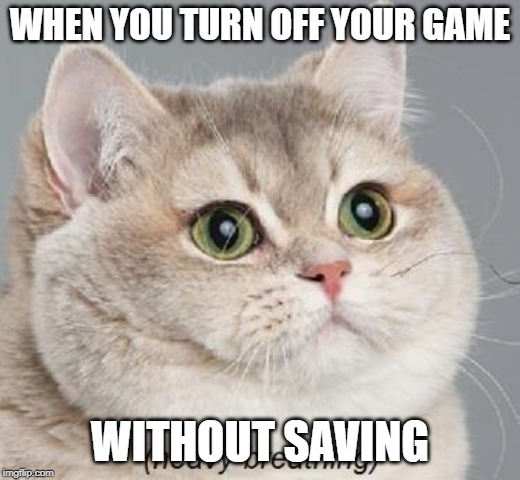 Heavy Breathing Cat | WHEN YOU TURN OFF YOUR GAME; WITHOUT SAVING | image tagged in memes,heavy breathing cat | made w/ Imgflip meme maker