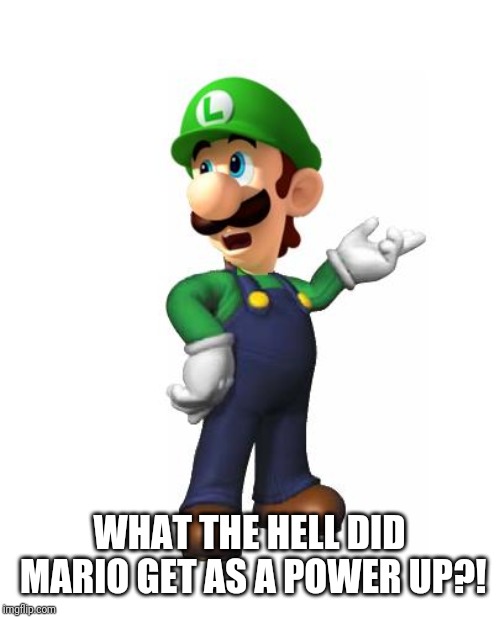 Logic Luigi | WHAT THE HELL DID MARIO GET AS A POWER UP?! | image tagged in logic luigi | made w/ Imgflip meme maker