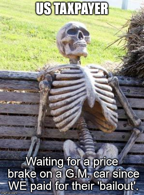 Also Waiting on My Solar Panels | US TAXPAYER; Waiting for a price brake on a G.M. car since WE paid for their 'bailout'. | image tagged in memes,waiting skeleton,too big to fail,general motors,bail out,taxation is theft | made w/ Imgflip meme maker