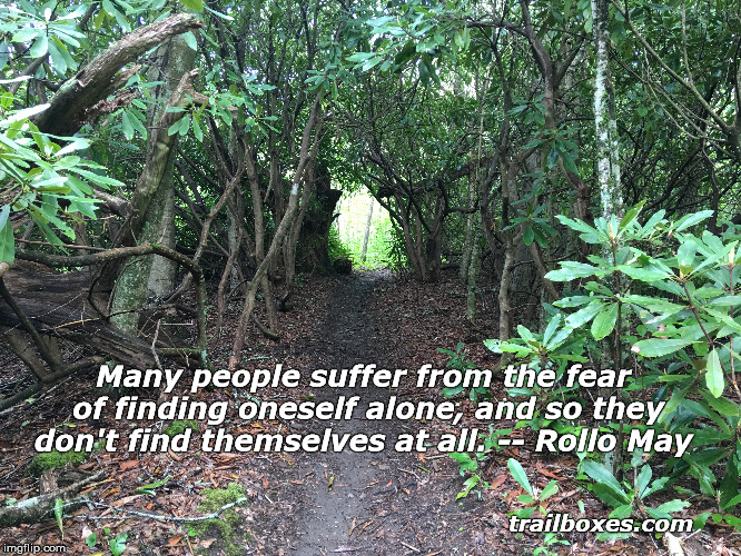 Solitude | trailboxes.com; Many people suffer from the fear of finding oneself alone, and so they don't find themselves at all. -- Rollo May | image tagged in hiking | made w/ Imgflip meme maker
